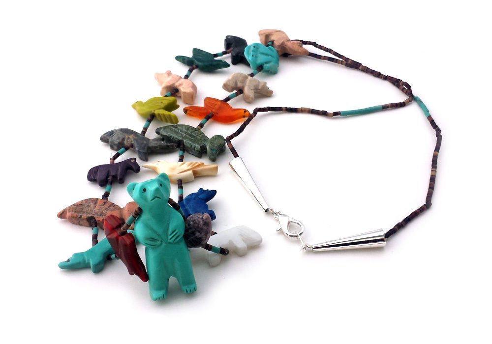 Hand Carved Single Strand Buffalo Multicolored Mixed Animals Fetish Necklace 